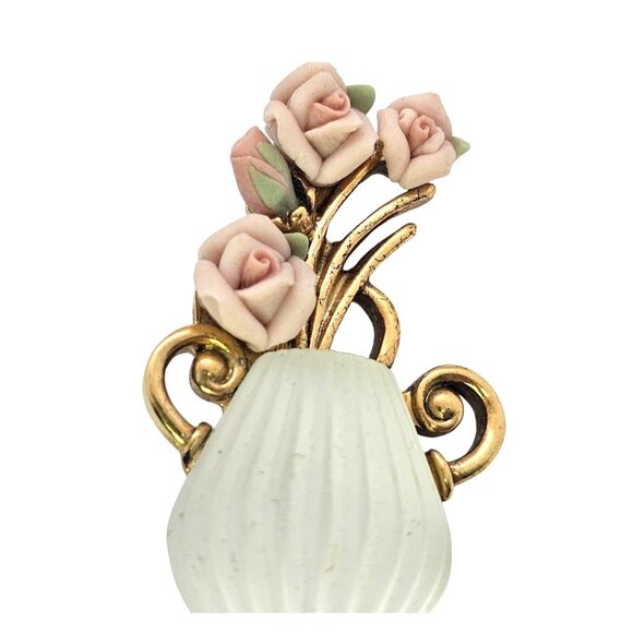 1928 Bridal Porcelain Rose Faux Pearl Necklace & Frosted Glass Brooch Set - Picture 12 of 16